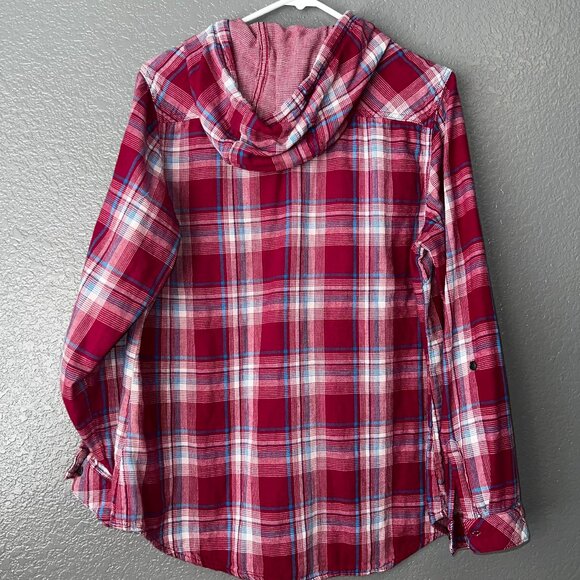 Boston Traders Plaid Hooded Button Shirt Men’s L | Maroon Flannel Casual - Picture 7 of 9